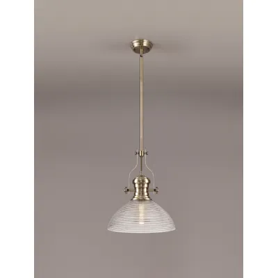 Sandy 1 Light Pendant E27 With 33.5cm Prismatic Glass Shade, Antique Brass Clear