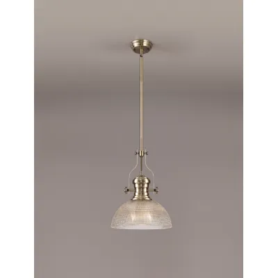 Sandy 1 Light Pendant E27 With 30cm Prismatic Glass Shade, Antique Brass Clear