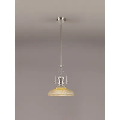 Sandy 1 Light Pendant E27 With 30cm Round Glass Shade, Polished Nickel Amber