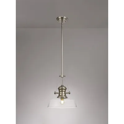 Sandy 1 Light Pendant E27 With 30cm Flat Round Glass Shade, Polished Nickel Clear