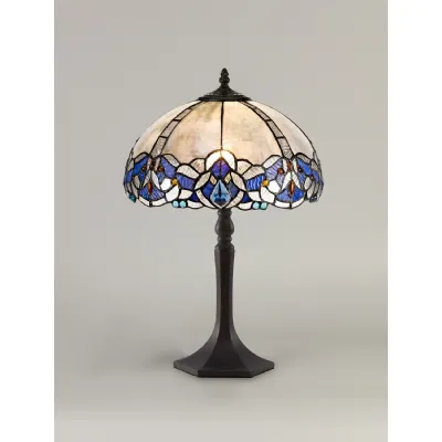 Ardingly 1 Light Octagonal Table Lamp E27 With 30cm Tiffany Shade, Blue Clear Crystal Aged Antique Brass
