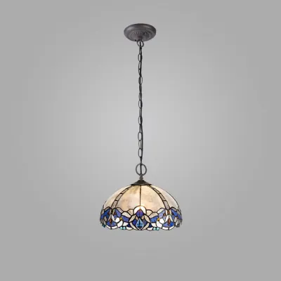 Ardingly 2 Light Downlight Pendant E27 With 30cm Tiffany Shade, Blue Clear Crystal Aged Antique Brass