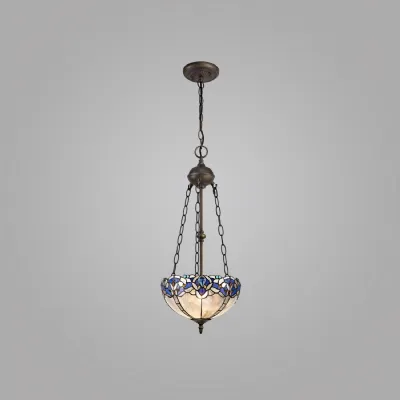 Ardingly 2 Light Uplighter Pendant E27 With 30cm Tiffany Shade, Blue Clear Crystal Aged Antique Brass