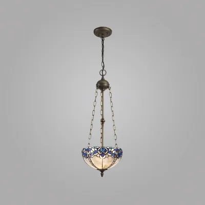 Ardingly 3 Light Uplighter Pendant E27 With 30cm Tiffany Shade, Blue Clear Crystal Aged Antique Brass