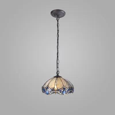 Ardingly 1 Light Downlight Pendant E27 With 40cm Tiffany Shade, Blue Clear Crystal Aged Antique Brass