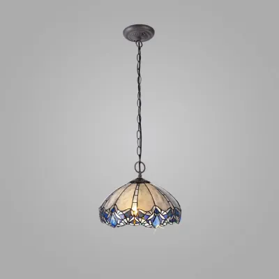 Ardingly 2 Light Downlight Pendant E27 With 40cm Tiffany Shade, Blue Clear Crystal Aged Antique Brass