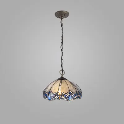 Ardingly 3 Light Downlight Pendant E27 With 40cm Tiffany Shade, Blue Clear Crystal Aged Antique Brass