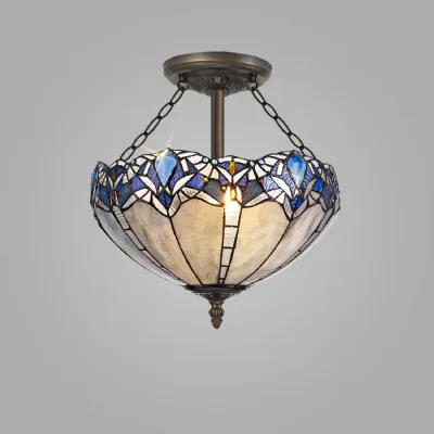Ardingly 3 Light Semi Flush E27 With 40cm Tiffany Shade, Blue Clear Crystal Aged Antique Brass