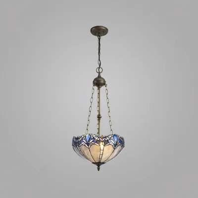 Ardingly 3 Light Uplighter Pendant E27 With 40cm Tiffany Shade, Blue Clear Crystal Aged Antique Brass