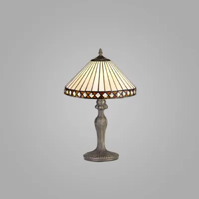Rayleigh 1 Light Curved Table Lamp E27 With 30cm Tiffany Shade, Amber Cream Crystal Aged Antique Brass