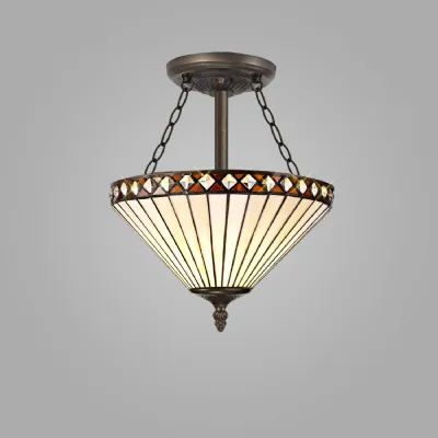 Rayleigh 3 Light Semi Flush E27 With 30cm Tiffany Shade, Amber Cream Crystal Aged Antique Brass