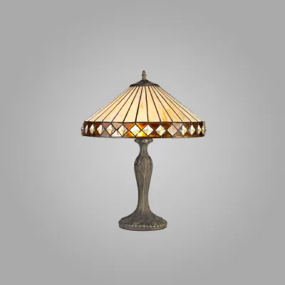 Rayleigh 2 Light Curved Table Lamp E27 With 40cm Tiffany Shade, Amber Cream Crystal Aged Antique Brass