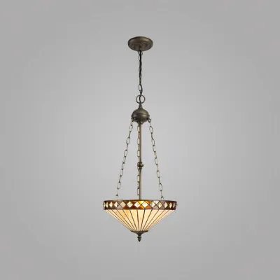 Rayleigh 3 Light Uplighter Pendant E27 With 40cm Tiffany Shade, Amber Cream Crystal Aged Antique Brass
