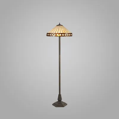 Rayleigh 2 Light Octagonal Floor Lamp E27 With 40cm Tiffany Shade, Amber Cream Crystal Aged Antique Brass