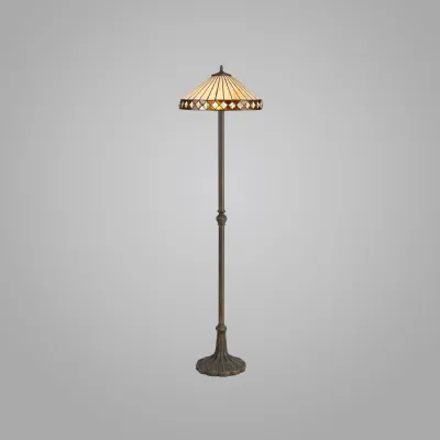 Rayleigh 2 Light Leaf Design Floor Lamp E27 With 40cm Tiffany Shade, Amber Cream Crystal Aged Antique Brass