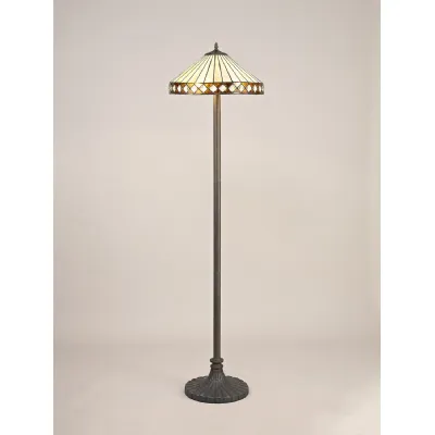 Rayleigh 2 Light Stepped Design Floor Lamp E27 With 40cm Tiffany Shade, Amber Cream Crystal Aged Antique Brass