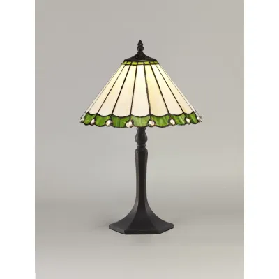 Ware 1 Light Octagonal Table Lamp E27 With 30cm Tiffany Shade, Green Cream Crystal Aged Antique Brass