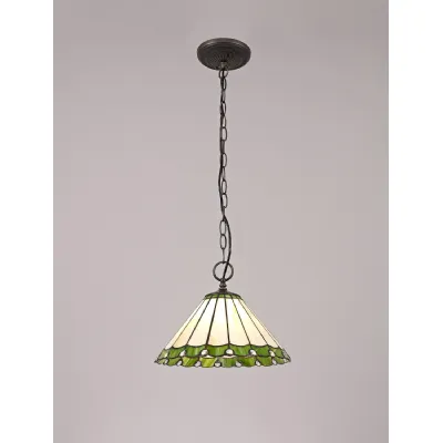 Ware 1 Light Downlighter Pendant E27 With 30cm Tiffany Shade, Green Cream Crystal Aged Antique Brass