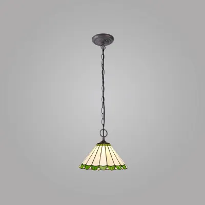 Ware 2 Light Downlighter Pendant E27 With 30cm Tiffany Shade, Green Cream Crystal Aged Antique Brass