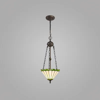 Ware 2 Light Uplighter Pendant E27 With 30cm Tiffany Shade, Green Cream Crystal Aged Antique Brass
