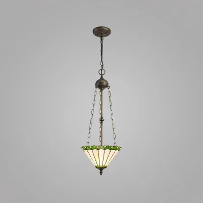 Ware 3 Light Uplighter Pendant E27 With 30cm Tiffany Shade, Green Cream Crystal Aged Antique Brass