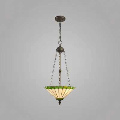 Ware 3 Light Uplighter Pendant E27 With 40cm Tiffany Shade, Green Cream Crystal Aged Antique Brass