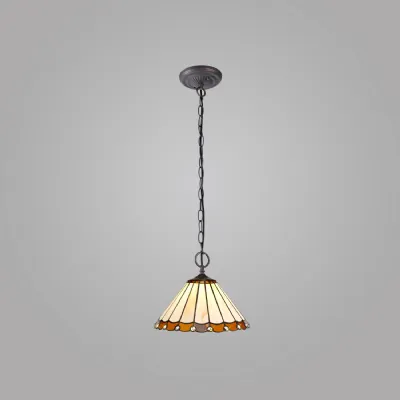 Ware 2 Light Downlighter Pendant E27 With 30cm Tiffany Shade, Amber Cream Crystal Aged Antique Brass