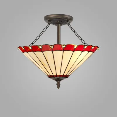 Ware 3 Light Semi Flush E27 With 40cm Tiffany Shade, Red Cream Crystal Aged Antique Brass