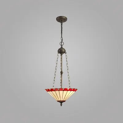Ware 3 Light Uplighter Pendant E27 With 40cm Tiffany Shade, Red Cream Crystal Aged Antique Brass