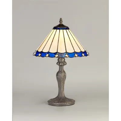 Ware 1 Light Curved Table Lamp E27 With 30cm Tiffany Shade, Blue Cream Crystal Aged Antique Brass