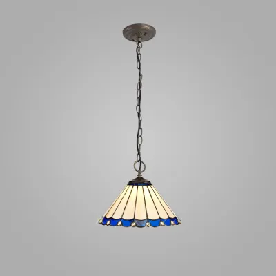 Ware 3 Light Downlighter Pendant E27 With 30cm Tiffany Shade, Blue Cream Crystal Aged Antique Brass