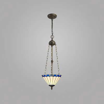 Ware 3 Light Uplighter Pendant E27 With 30cm Tiffany Shade, Blue Cream Crystal Aged Antique Brass