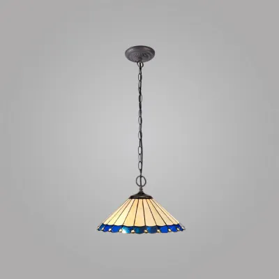Ware 2 Light Downlighter Pendant E27 With 40cm Tiffany Shade, Blue Cream Crystal Aged Antique Brass
