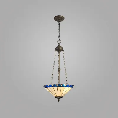Ware 3 Light Uplighter Pendant E27 With 40cm Tiffany Shade, Blue Cream Crystal Aged Antique Brass