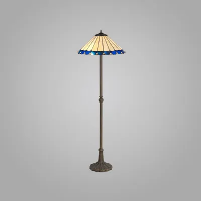 Ware 2 Light Leaf Design Floor Lamp E27 With 40cm Tiffany Shade, Blue Cream Crystal Aged Antique Brass