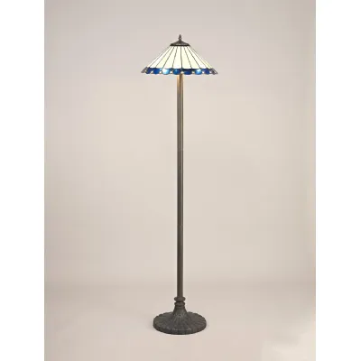 Ware 2 Light Stepped Design Floor Lamp E27 With 40cm Tiffany Shade, Blue Cream Crystal Aged Antique Brass