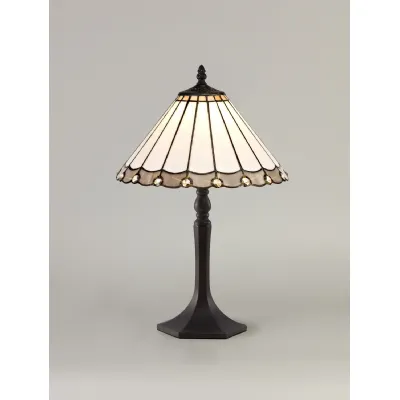 Ware 1 Light Octagonal Table Lamp E27 With 30cm Tiffany Shade, Grey Cream Crystal Aged Antique Brass