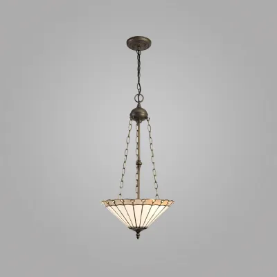 Ware 3 Light Uplighter Pendant E27 With 40cm Tiffany Shade, Grey Cream Crystal Aged Antique Brass