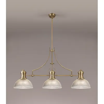 Sandy 3 Light Linear Pendant E27 With 30cm Dome Glass Shade, Antique Brass, Clear
