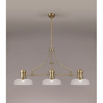 Sandy 3 Light Linear Pendant E27 With 30cm Flat Round Glass Shade, Antique Brass, Clear