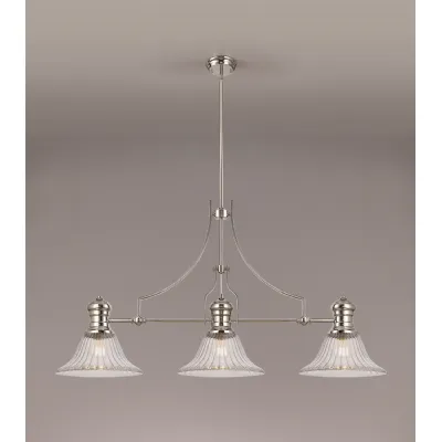 Sandy 3 Light Linear Pendant E27 With 30cm Bell Glass Shade, Polished Nickel, Clear