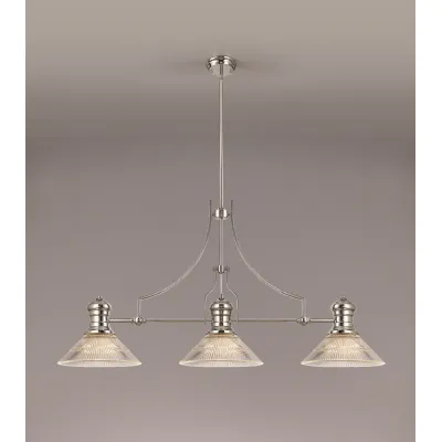 Sandy 3 Light Linear Pendant E27 With 30cm Cone Glass Shade, Polished Nickel, Clear