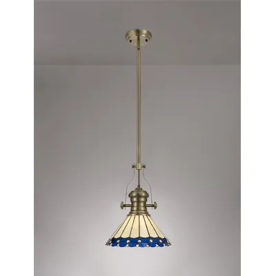 Ware 1 Light Pendant E27 With 30cm Tiffany Shade, Antique Brass Blue Cream Crystal