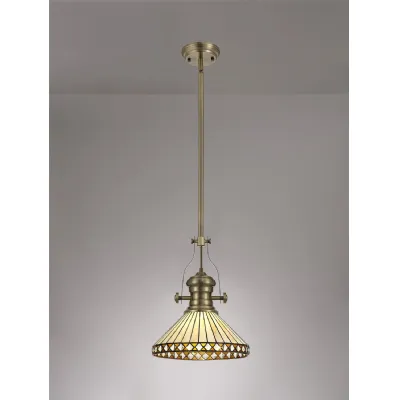 Rayleigh 1 Light Pendant E27 With 30cm Tiffany Shade, Antique Brass Amber Cream Crystal
