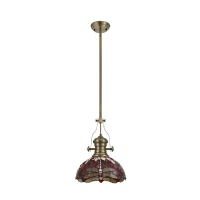 Hitchin 1 Light Pendant E27 With 30cm Tiffany Shade, Antique Brass Purple Pink Crystal