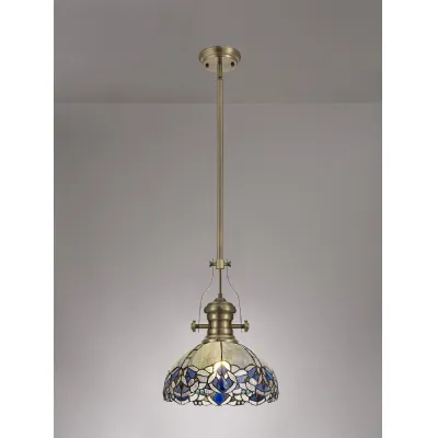 Ardingly 1 Light Pendant E27 With 30cm Tiffany Shade, Antique Brass Blue Clear Crystal