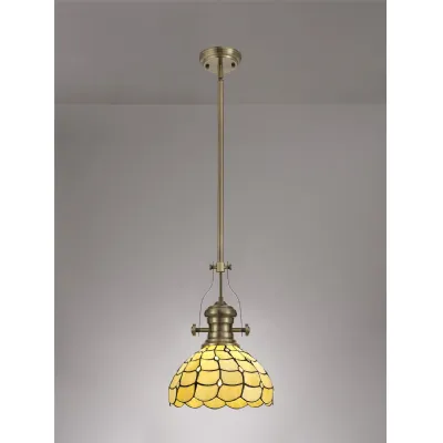 Stratford 1 Light Pendant E27 With 30cm Tiffany Shade, Antique Brass Beige Clear Crystal