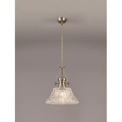 Sandy Pendant With 38cm Patterned Round Shade, 1 x E27, Antique Brass Clear Glass