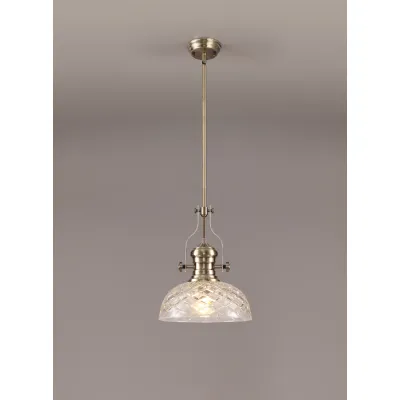 Sandy Pendant With 30cm Flat Round Patterned Shade, 1 x E27, Antique Brass Clear Glass