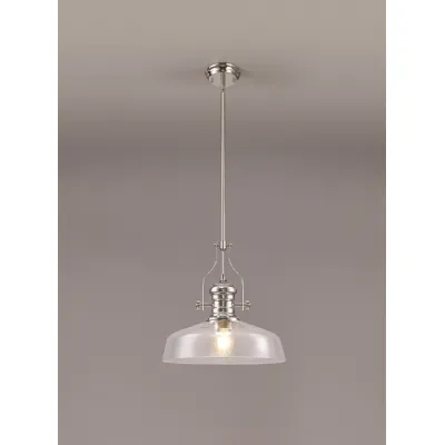 Sandy Pendant With 38cm Flat Round Shade, 1 x E27, Polished Nickel Clear Glass